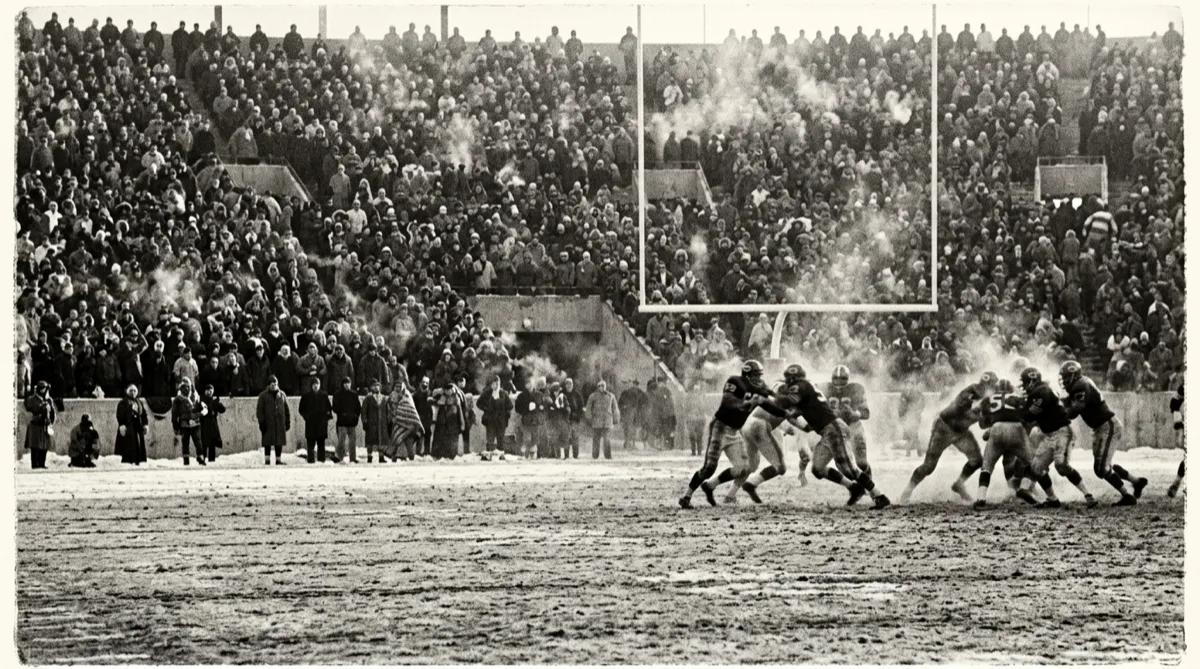 A frozen field in a packed stadium, an illustration of the Ice Bowl