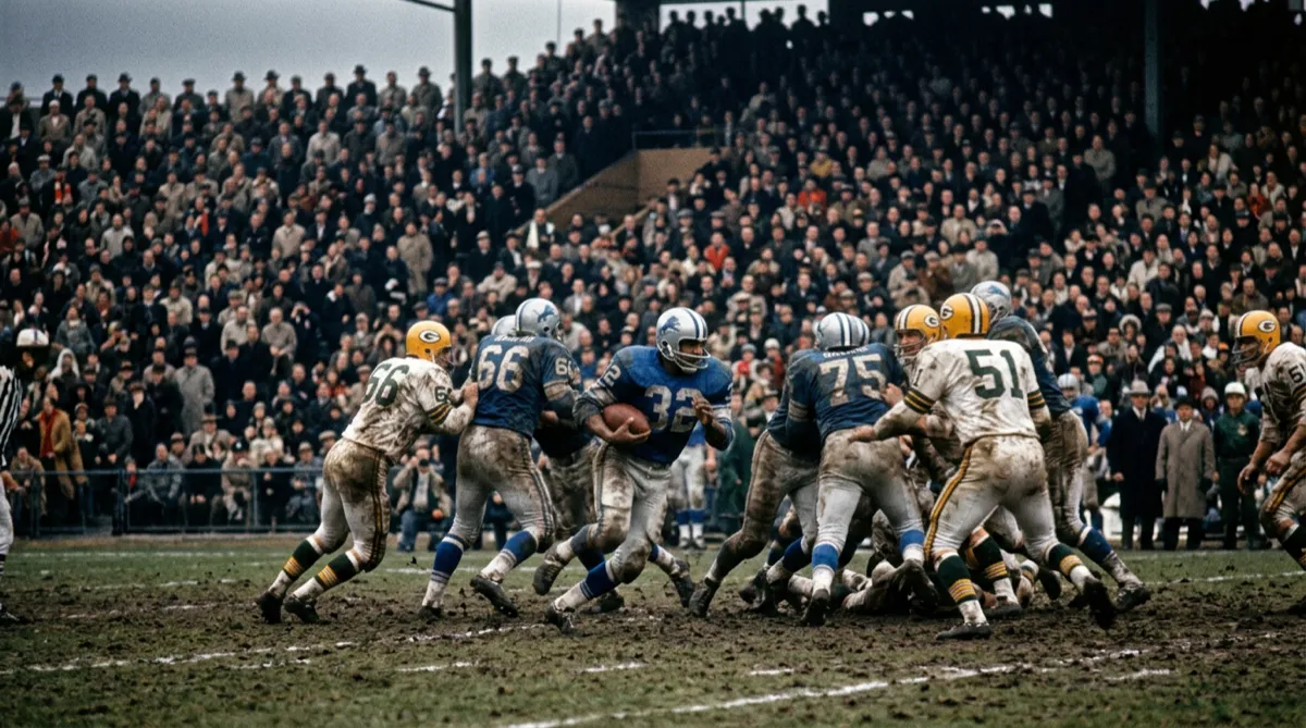 A muddy 1960s Thanksgiving game in Detroit, an illustration