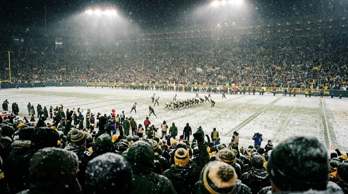 A snowy night game at Lambeau Field, an illustration