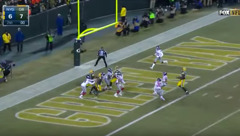 Randall Cobb vs Giants about to catch hail mary from Aaron Rodgers